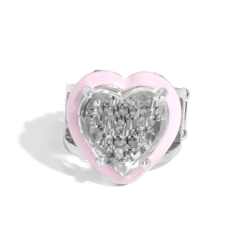 Pink & Clear Heart Ring Size 6-10 Stretchy NWOT
